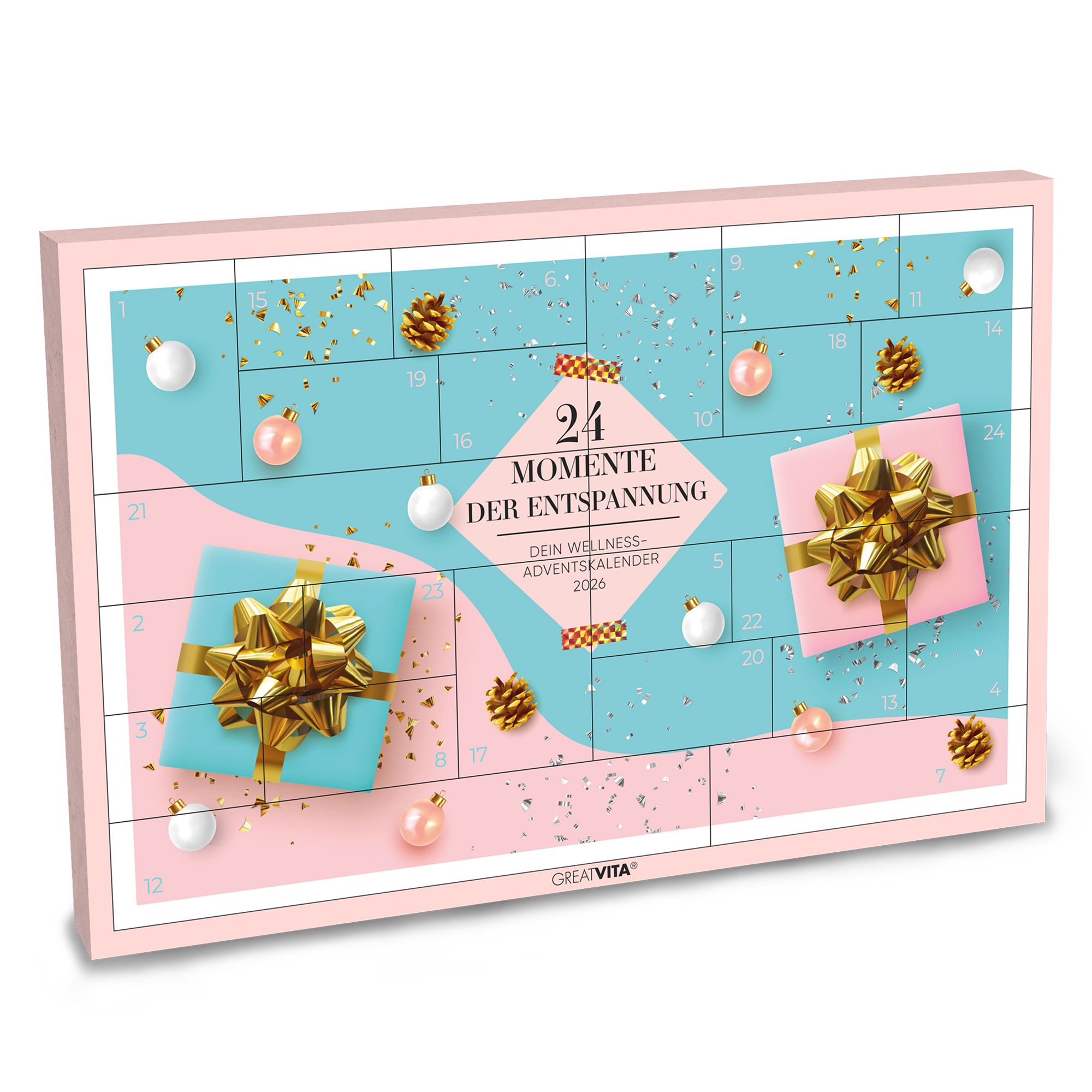 Wellness Adventskalender 2025, pink und blau, mit Geschenken und Dekoration.