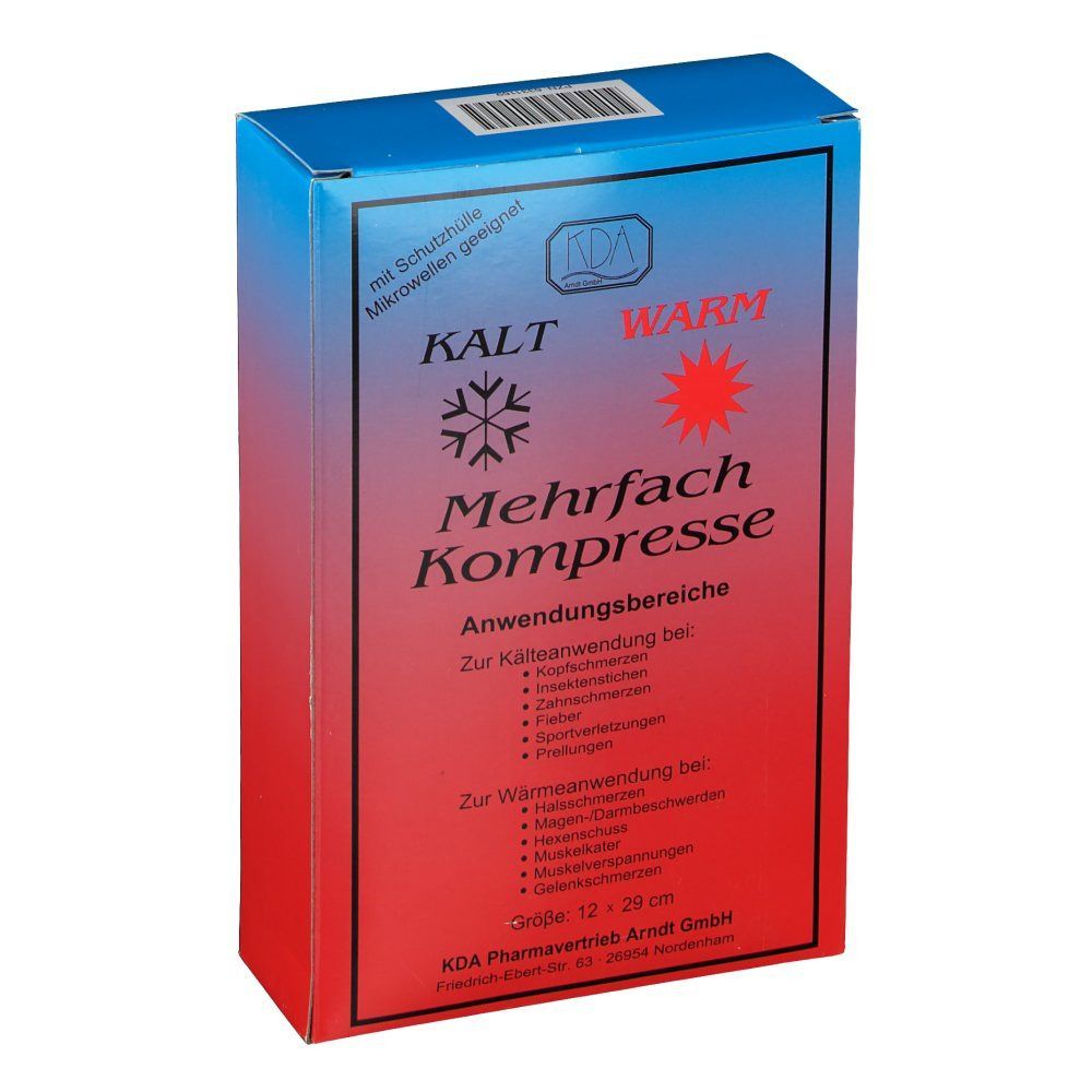 KDA® Mehrfachkompresse-Verpackung. Blau-roter Karton mit Produktnamen und Anwendungsbereichen. Größe: 12 x 20 cm.