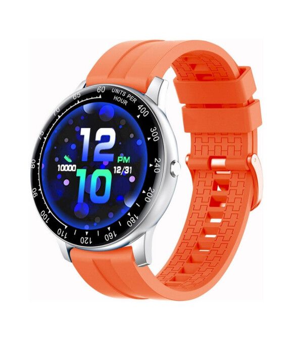 Orangefarbene Smartwatch mit rundem Display. Edelstahlgehäuse, orangefarbenes Armband. Zeigt Uhrzeit und Daten an.