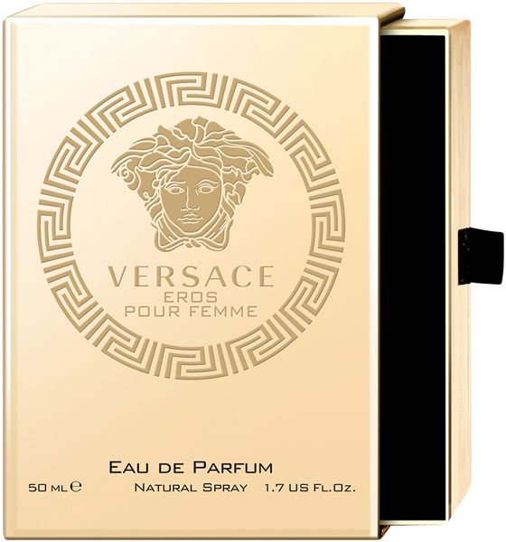 Versace Eros Pour Femme Eau de Parfum. Geöffnete Schachtel in Gold mit Medusa-Logo. Schwarzer Innenraum.