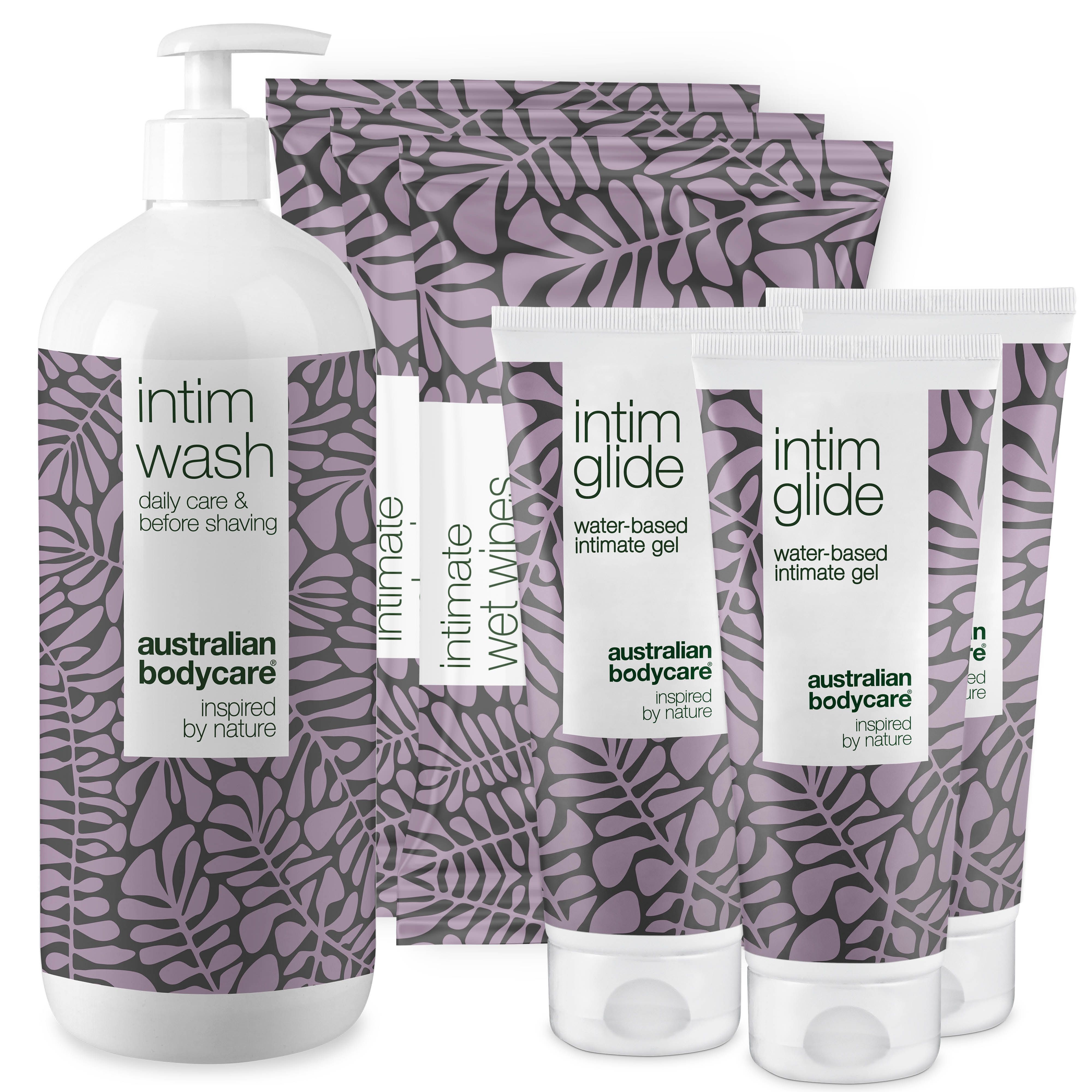 Verschiedene Intimpflegeprodukte: Intim Wash, Intim Glide, Intimate Wet Wipes. Verpackung mit Blättermuster.