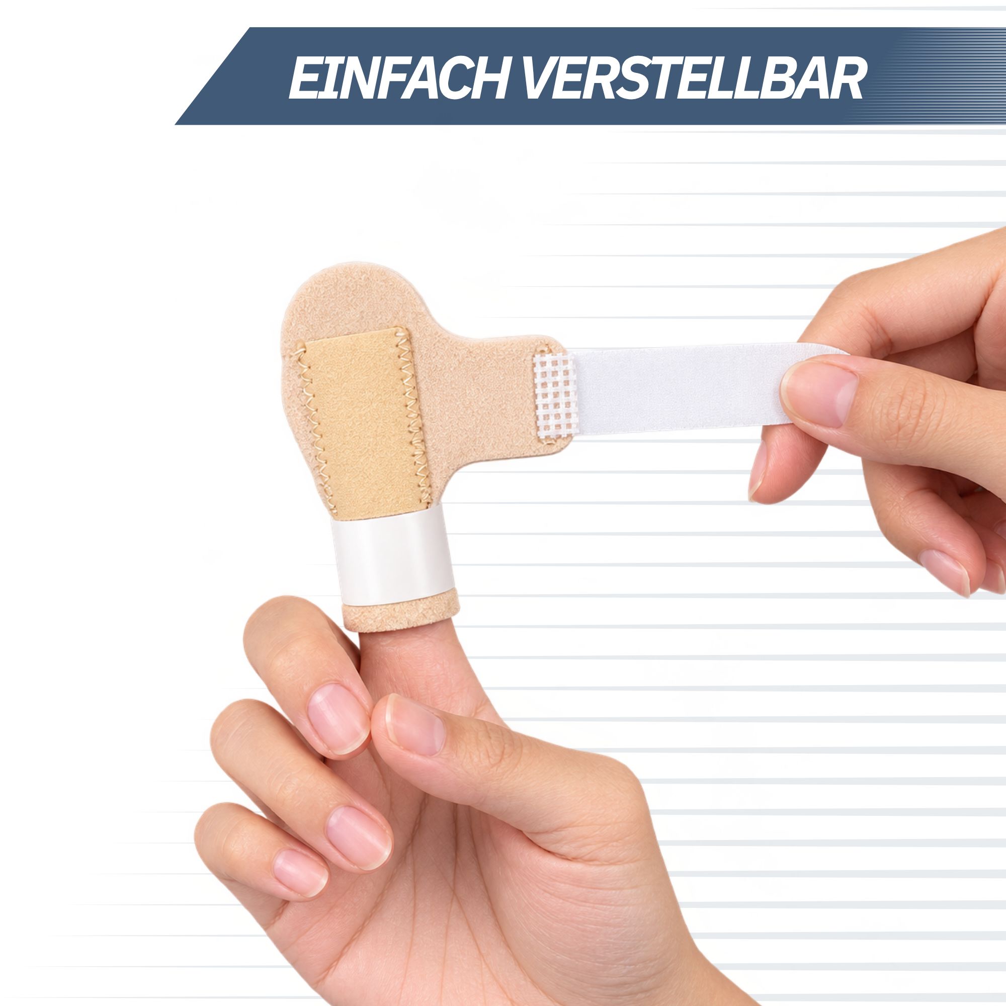 Eine Hand hält einen verstellbaren Fingerverband mit Klettverschluss.