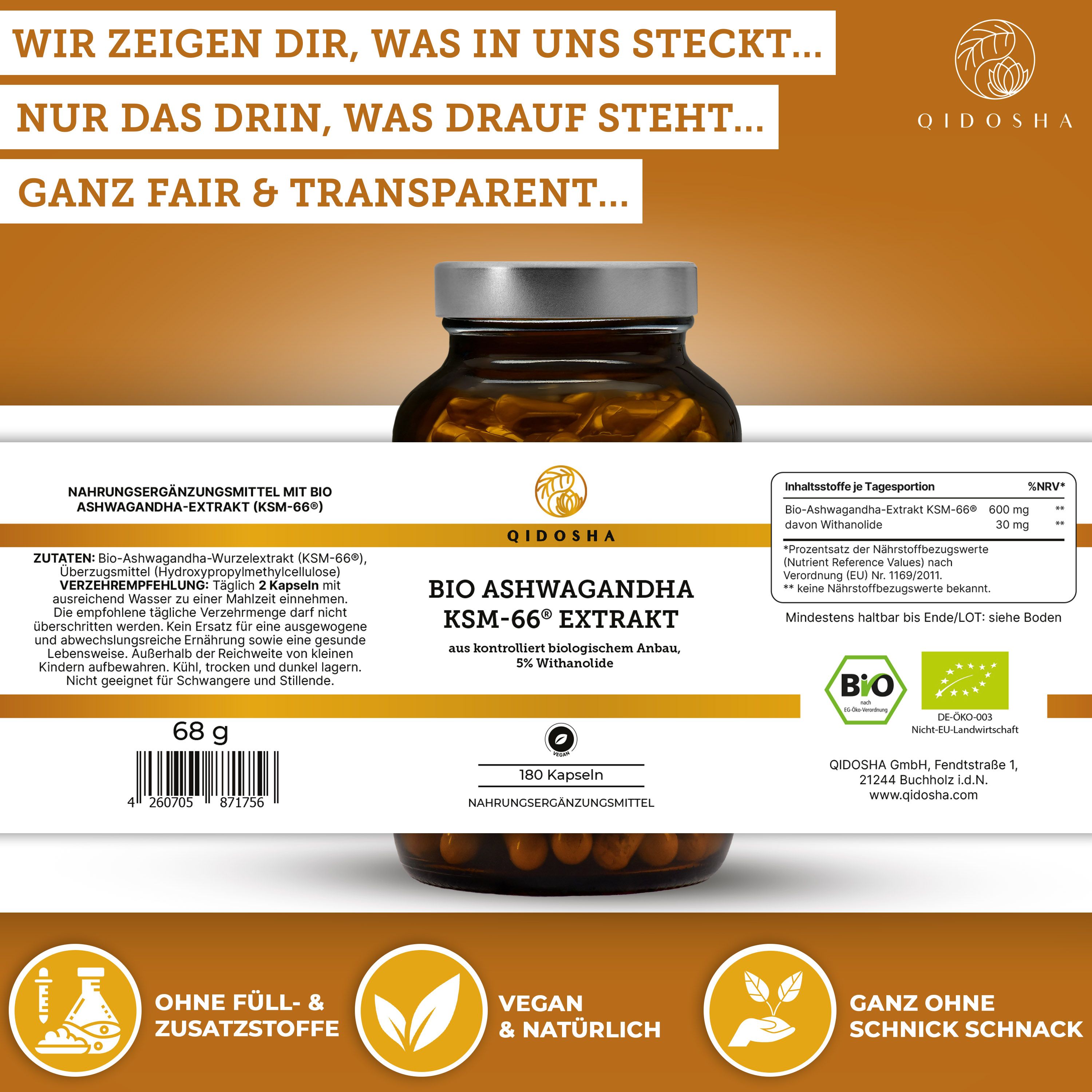 Produktflasche mit Etikett. Inhaltsstoffe und Nährwertangaben. Bio-Zertifizierung. Vegan & natürlich. 180 Kapseln.