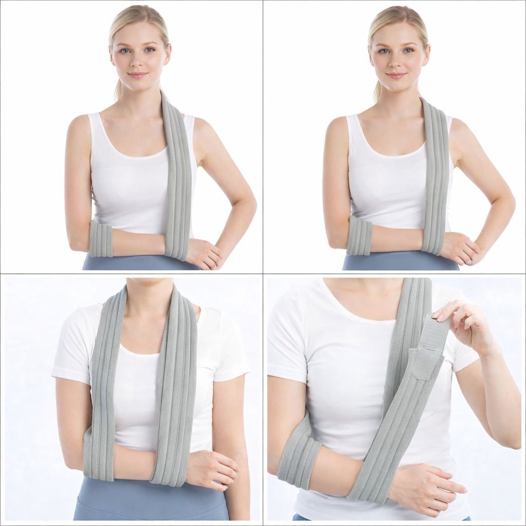 Vier Bilder zeigen eine Frau mit grauer Armschlinge in verschiedenen Positionen. Armschlinge am Arm und um den Hals.