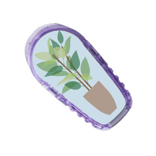 Ein ovaler Aufkleber mit einem lila Rahmen. Im Inneren ist eine Pflanze mit grünen Blättern in einem Topf abgebildet.