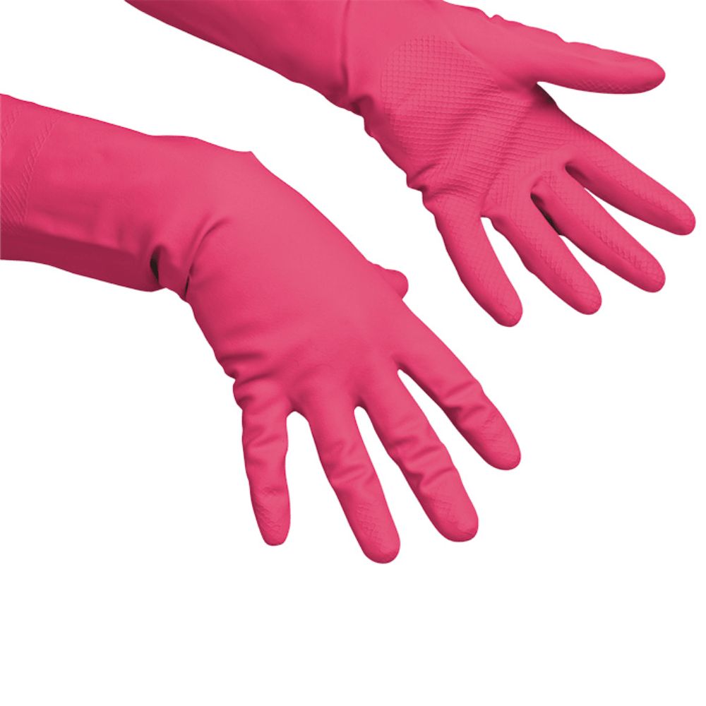 Zwei pinkfarbene Gummihandschuhe. Die Handschuhe haben lange Stulpen und eine strukturierte Handfläche.