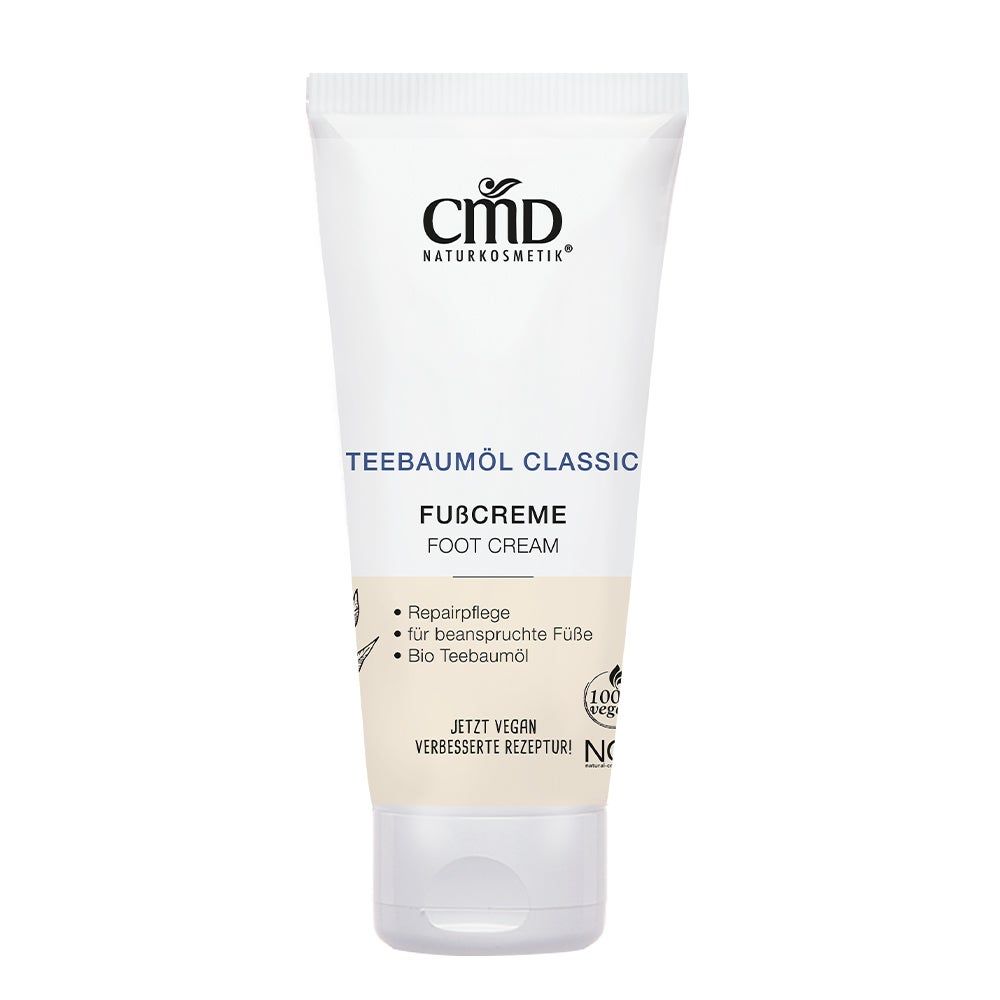 Weiße Tube mit CMD Naturkosmetik. Aufschrift: Teebaumöl Classic Fußcreme. Vegan, für beanspruchte Füße. Mit Bio-Teebaumöl.
