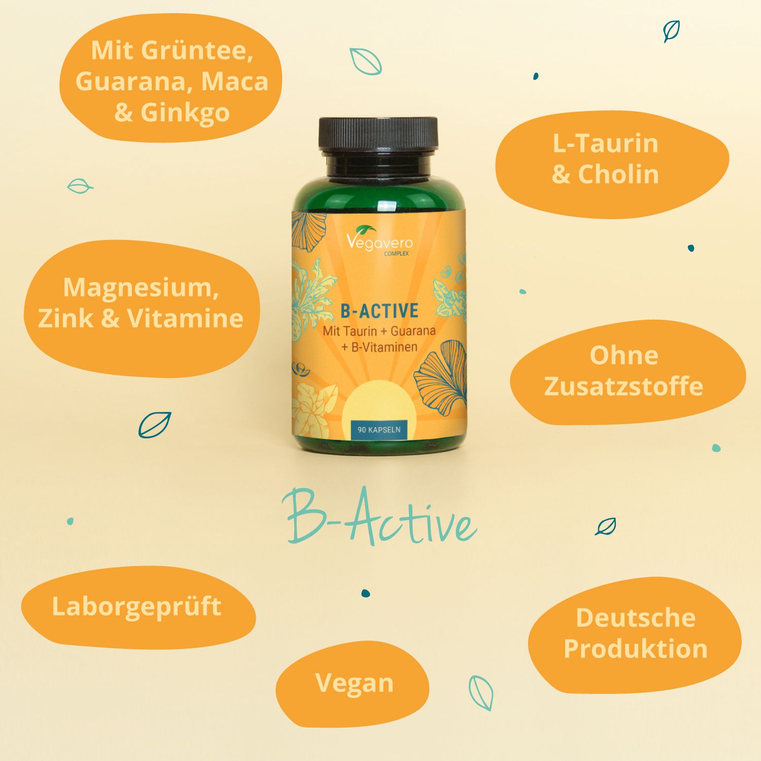 Flasche B-ACTIVE mit gelbem Hintergrund. Zusätzliche Informationen: Grüntee, Maca, Ginkgo, L-Taurin, Cholin, Magnesium, Zink, Vitamine.