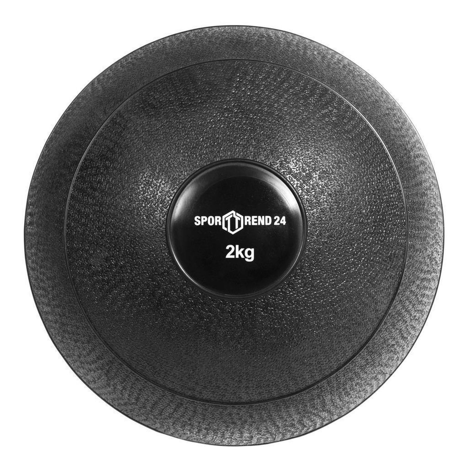 Schwarzer Sporttrend24 Slamball mit 2kg Gewicht. Runde Form, strukturierte Oberfläche, Logo auf der Oberseite.