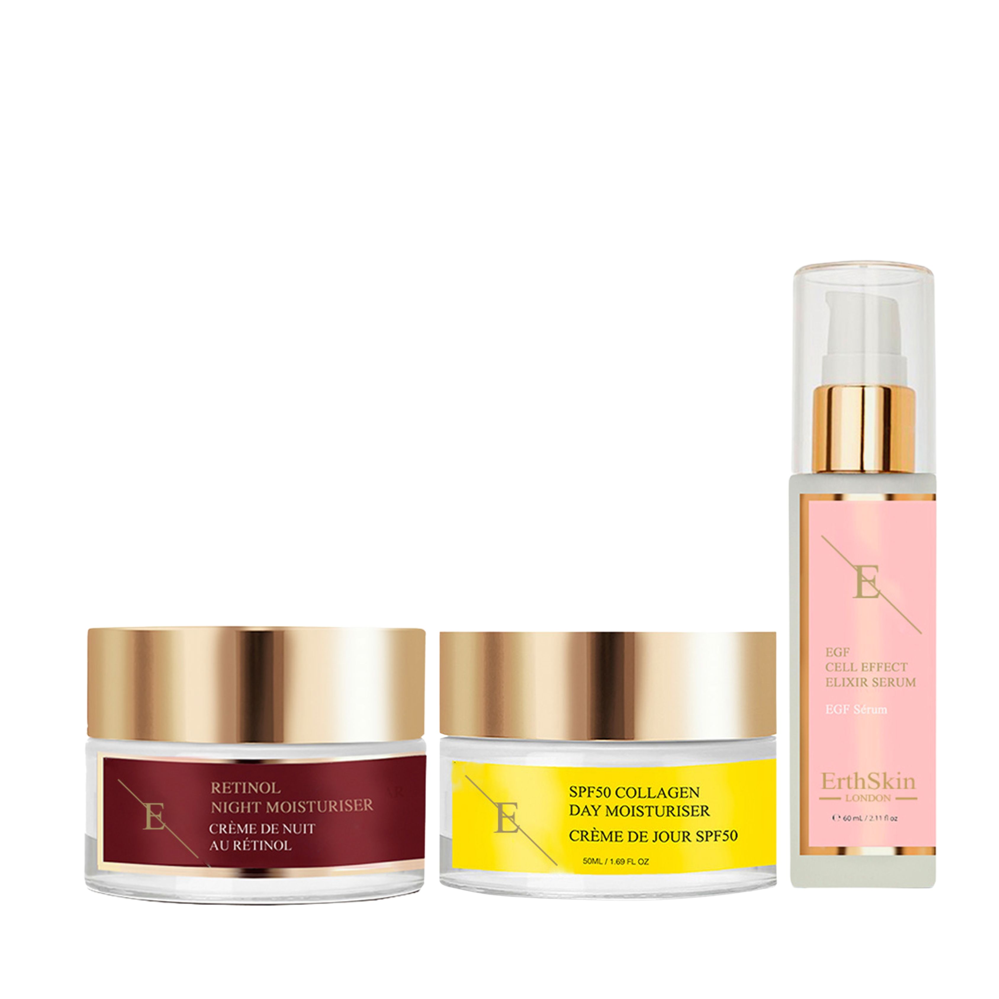 ErthSkin London SPF Kollagen Tagescreme + Retinol Nachtfeuchtigkeitscreme + EGF ZELLEFFEKT SERUM set