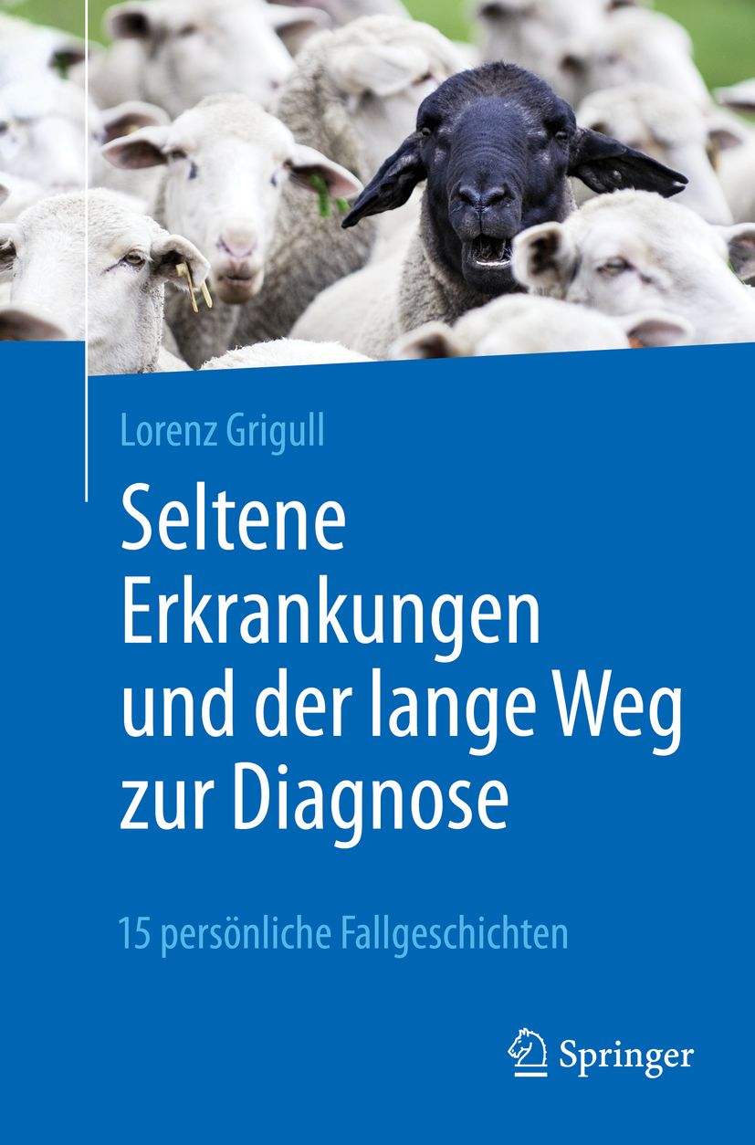 Buchcover: "Seltene Erkrankungen und der lange Weg zur Diagnose". Autor: Lorenz Grigull. Verlag: Springer. Schafe im Hintergrund.