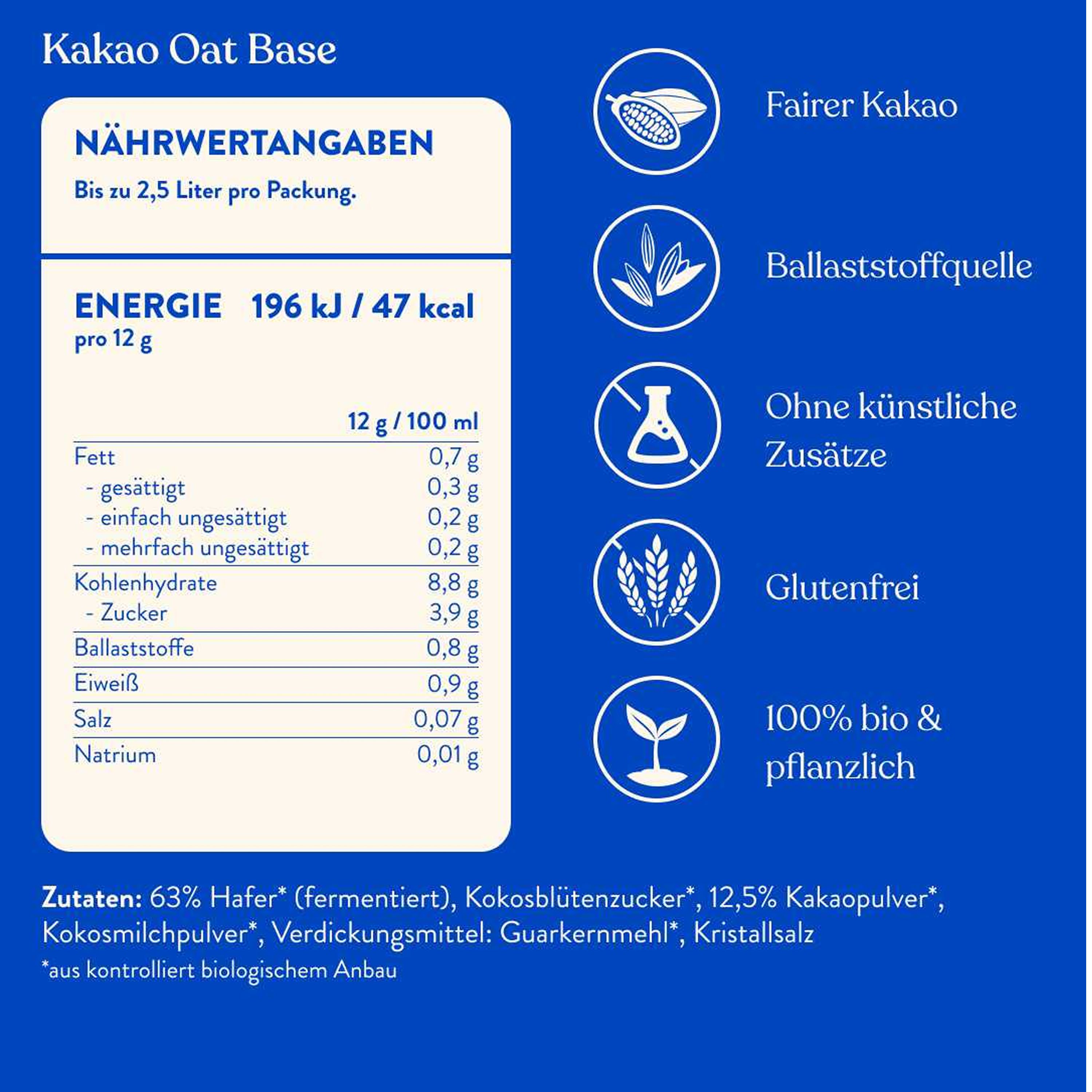 Nährwerttabelle für Kakao Oat Base. Angaben pro 12g und 100ml. Enthält Energie, Fett, Kohlenhydrate, Zucker, Ballaststoffe, Eiweiß, Salz.