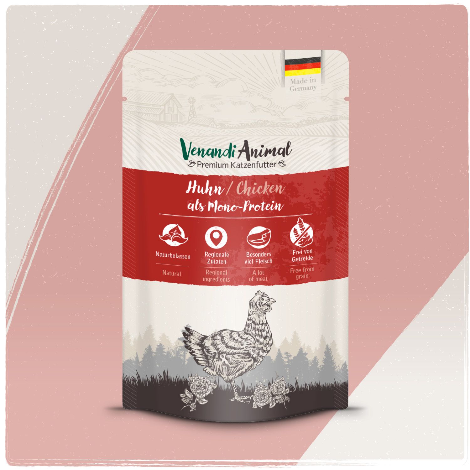 Venandi Animal Huhn als Mono-Protein Katzenfutter, Beutel mit Huhn-Illustration und deutschen Fahnen-Symbol, rosa Hintergrund.
