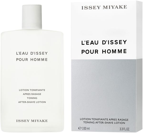 Issey Miyake After Shave Lotion. Weiße Flasche und Verpackung. Text: L'Eau d'Issey pour Homme, Lotion Tonifiante.