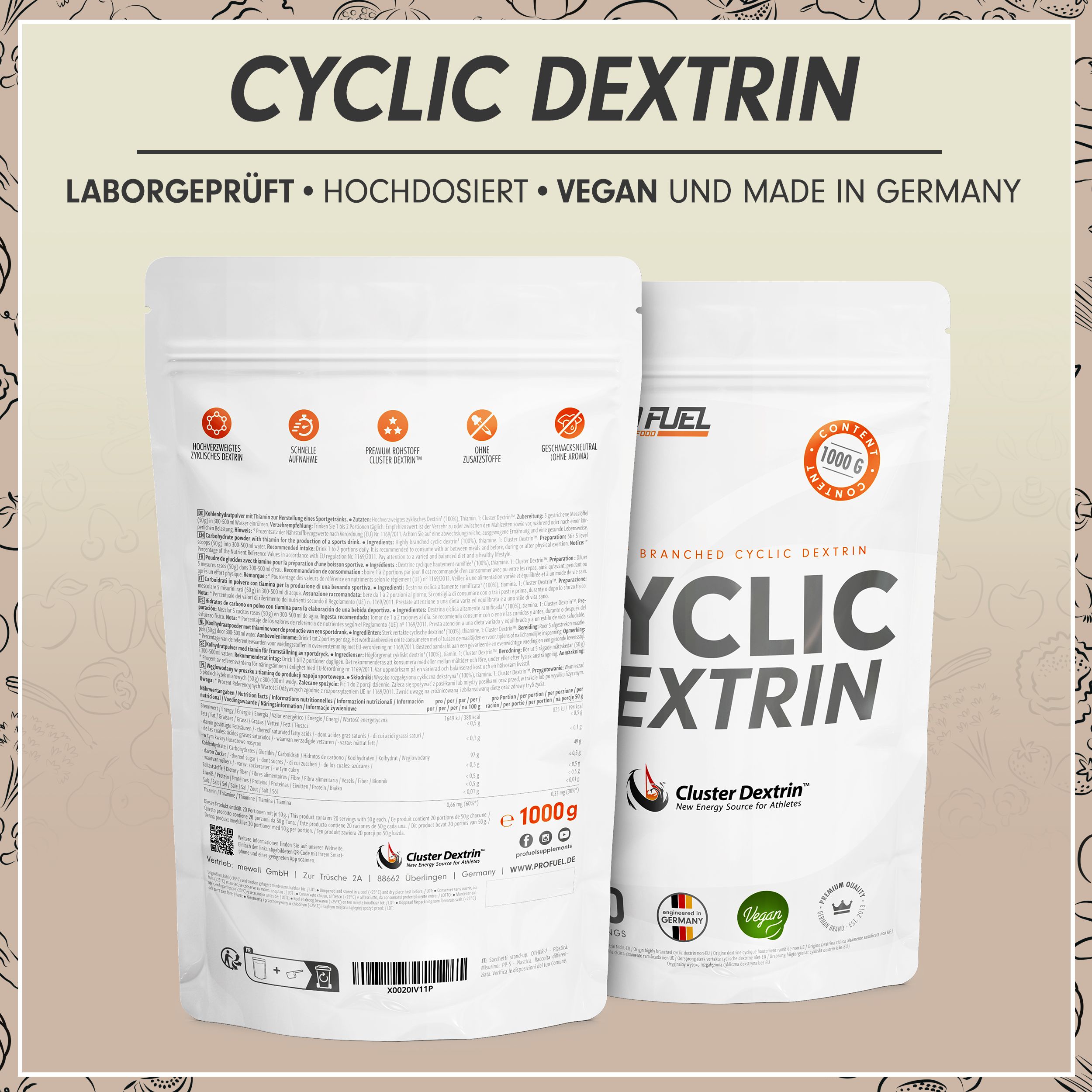 Zwei weiße Beutel "ProFuel Cyclic Dextrin".  Rückseite mit Text.  1000g Inhalt.
