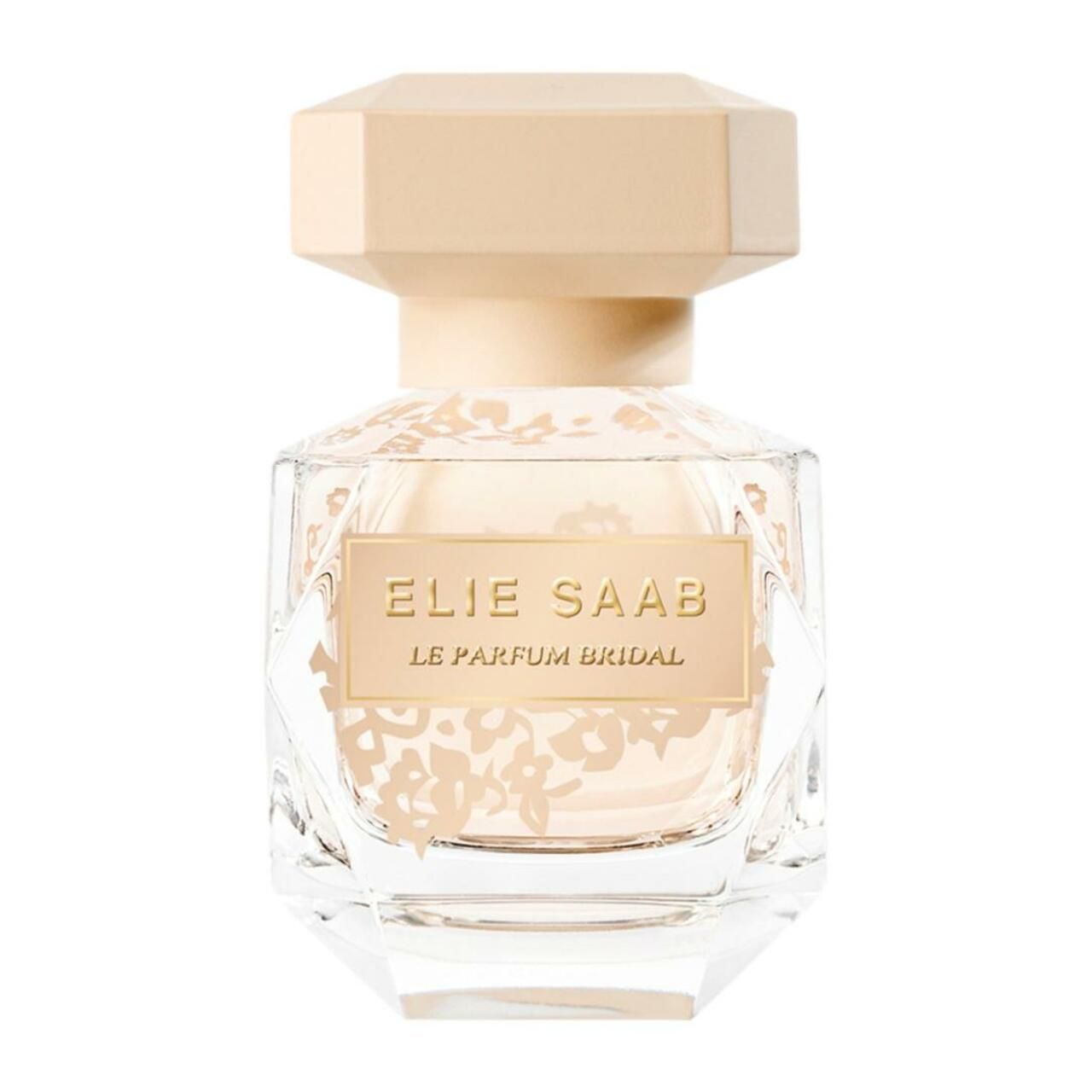 Parfümflakon mit beigem Deckel. Aufschrift: Elie Saab, Le Parfum Bridal. Floral-Dekor auf dem Glas.