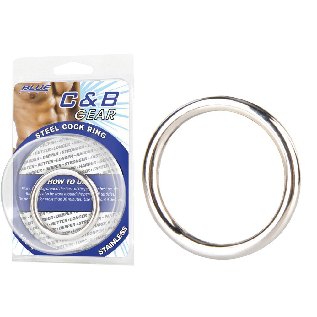 Edelstahl-Penisring in Blisterverpackung mit Anleitung und Abbildung eines Mannes.