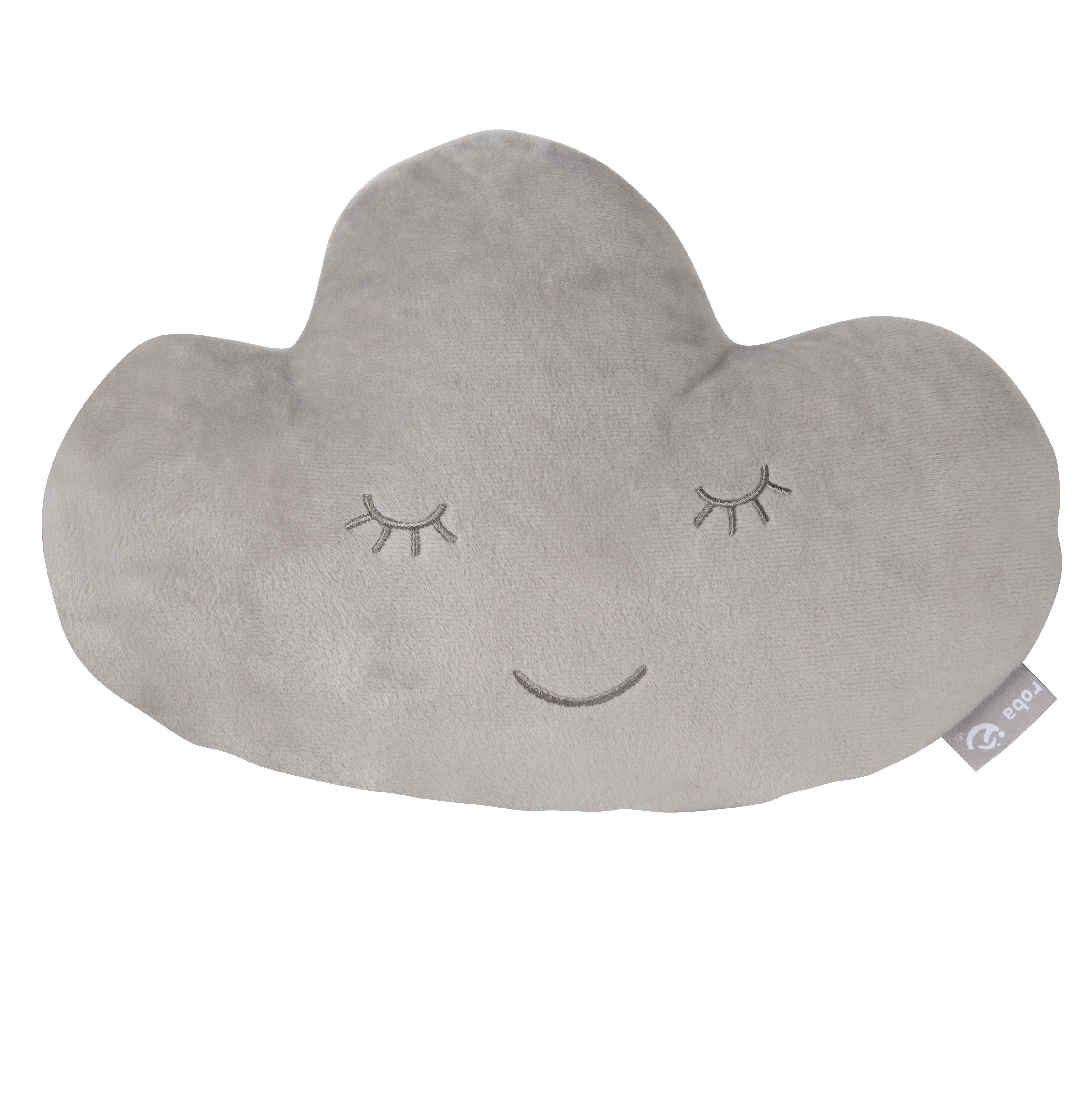 Graues Wolkenkissen mit geschlossenen Augen und lächelndem Mund. Marke roba.