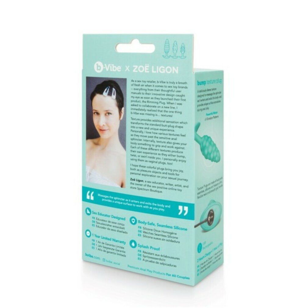 Rückseite der Verpackung. Texturierter Plug-Umriss. Informationen zu b-Vibe x Zoë Ligon. Produktmerkmale.