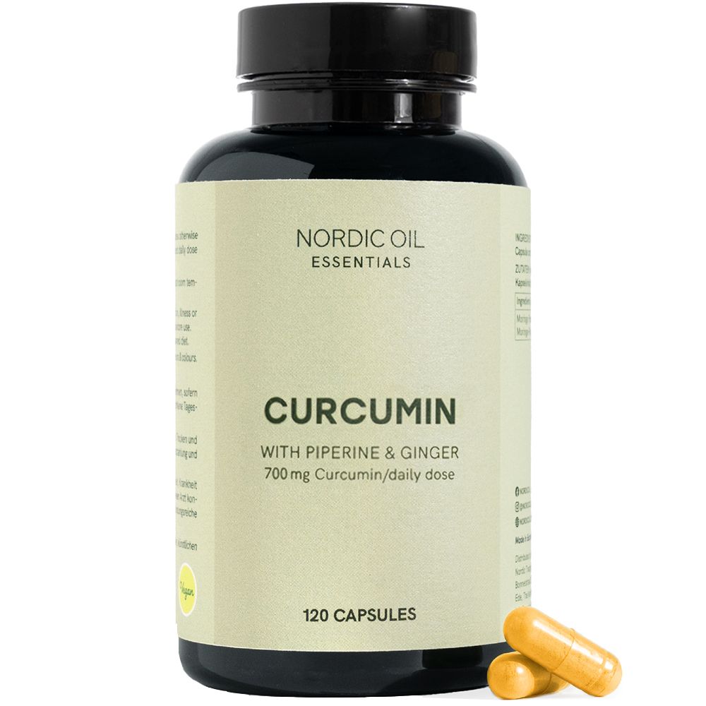 Schwarze Flasche mit Kapseln. Aufschrift: Nordic Oil Essentials, Curcumin, 120 Kapseln. Zwei Kapseln liegen daneben.