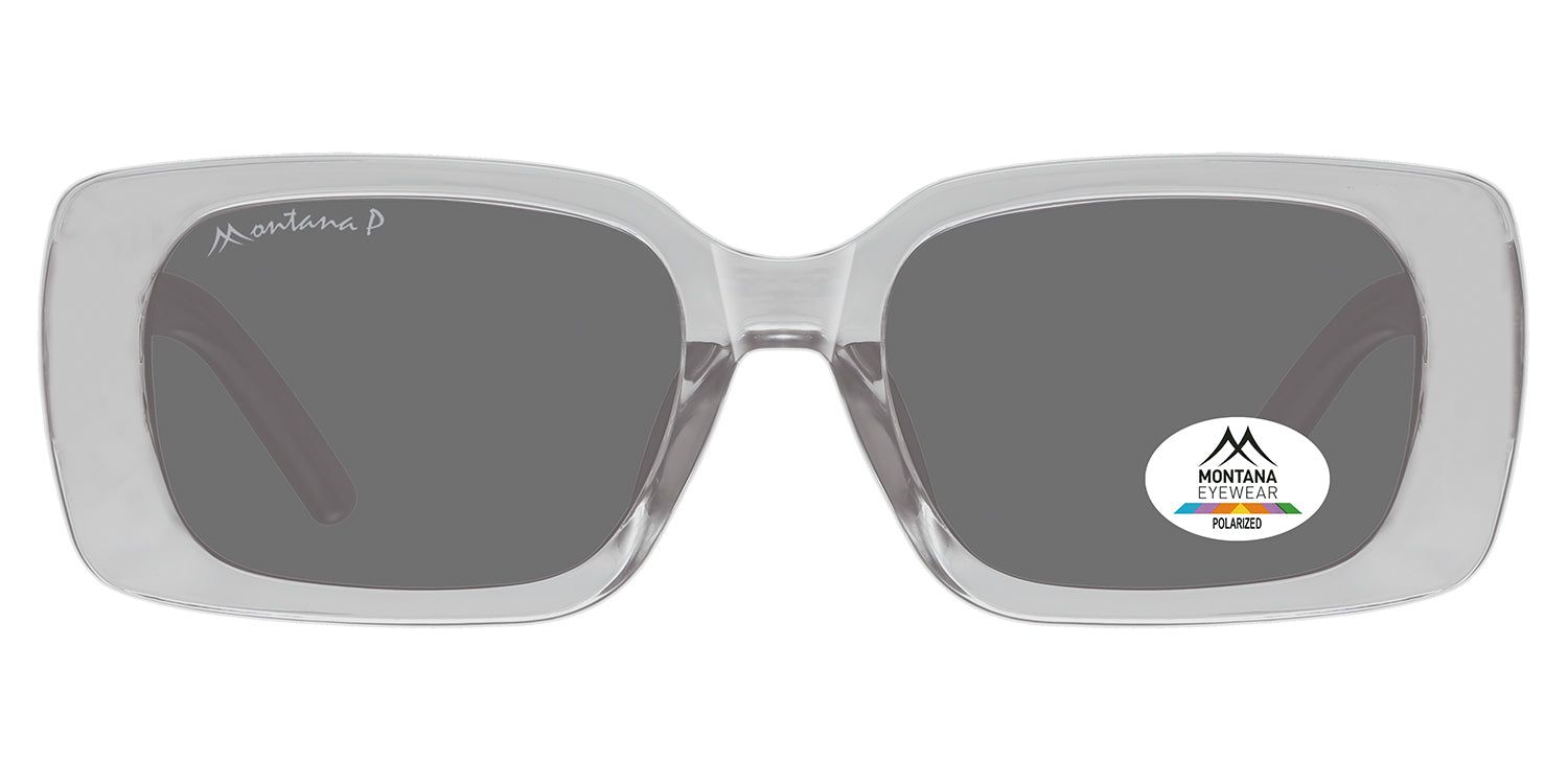 Sonnenbrille mit grau getönten Gläsern und transparentem Rahmen. Montana Eyewear Logo auf dem Bügel und Glas. Polarisierte Gläser.