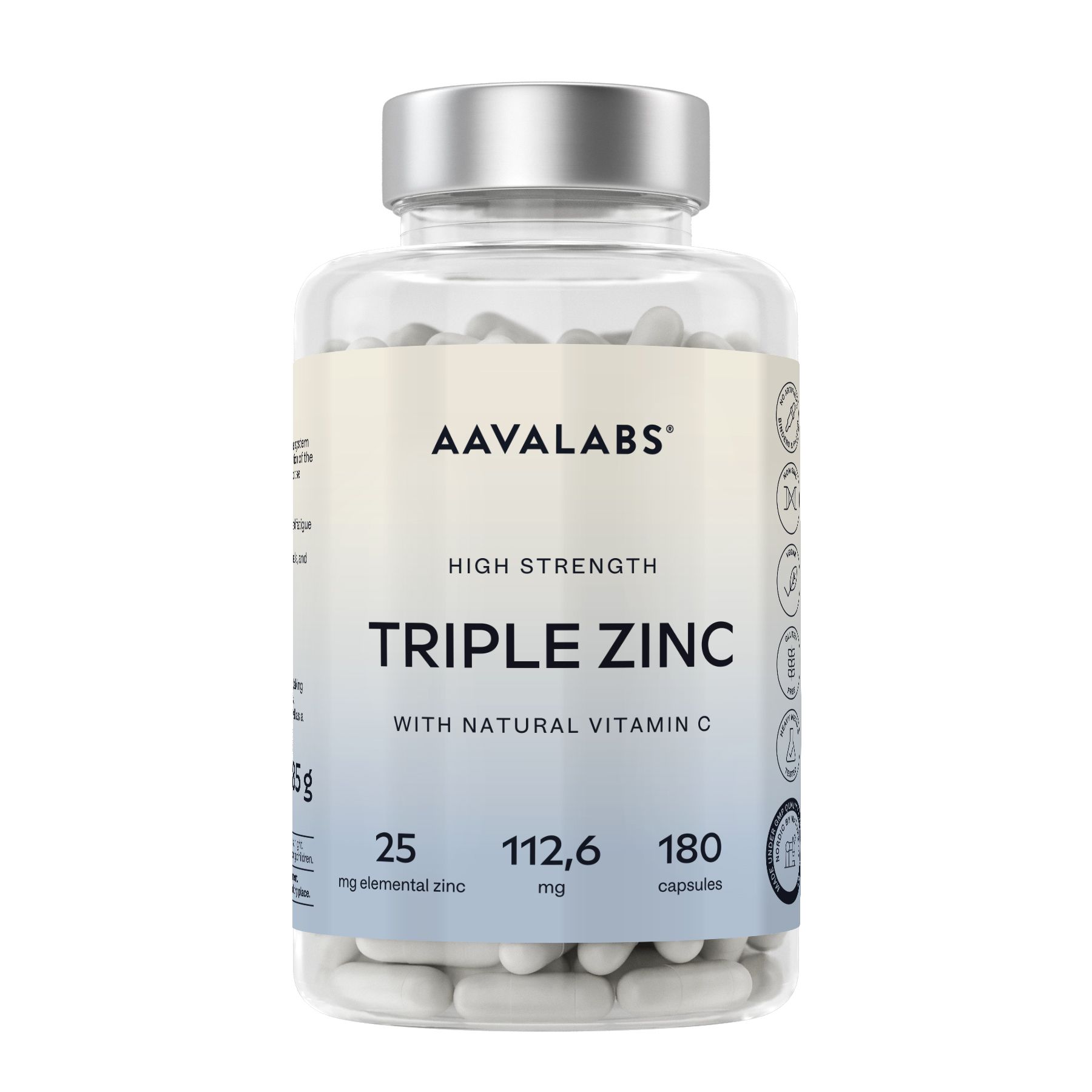 Klare Flasche mit Kapseln. AAVALABS Triple Zinc, 180 Kapseln. 25 mg Zink, 112,6 mg. Mit natürlichem Vitamin C.