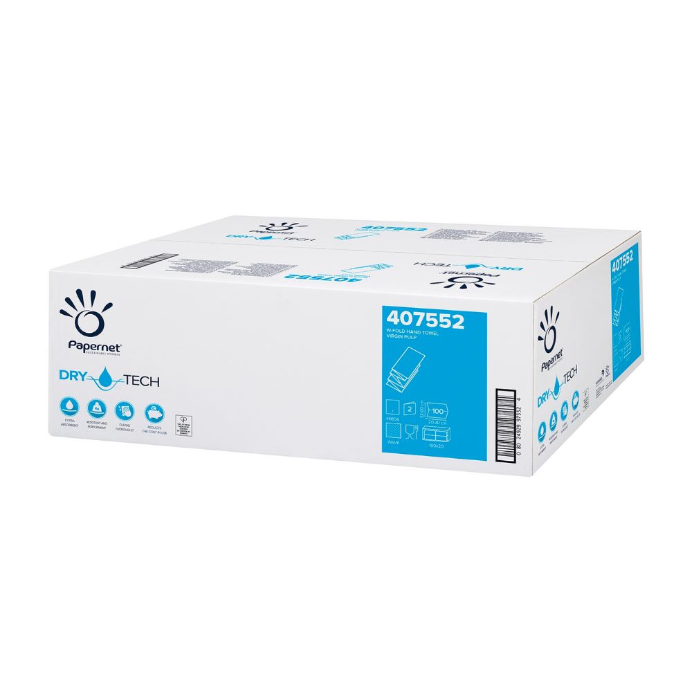 Weißer Karton mit Papernet-Logo und Produktnummer 407552. Aufdrucke: DRY TECH, Piktogramme, Barcode.