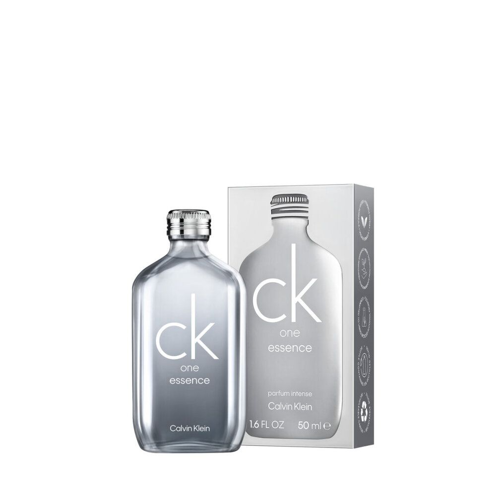 Flakon und Verpackung. Text: ck one essence, parfum intense, Calvin Klein, 50 ml.