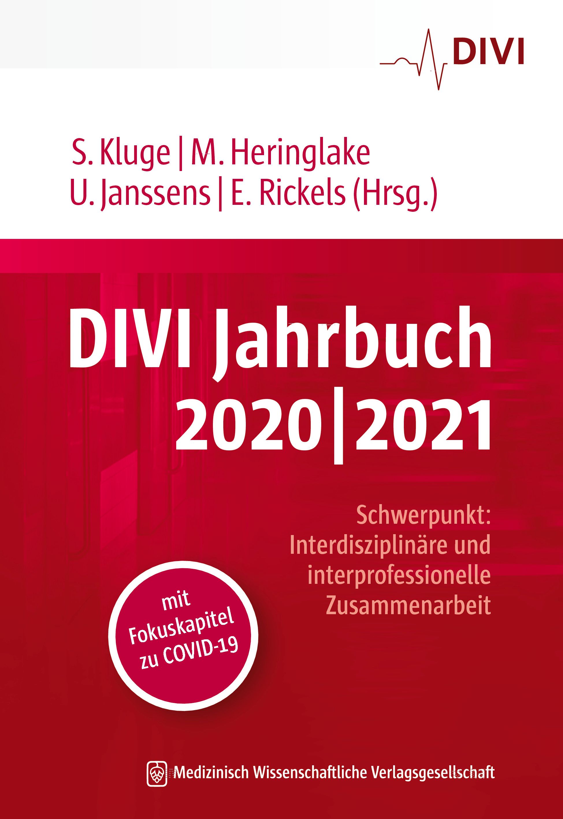 Buchcover des DIVI Jahrbuchs 2020/2021. Titel in Weiß auf rotem Hintergrund. Fokuskapitel zu COVID-19. Medizinisch Wissenschaftliche Verlagsgesellschaft.