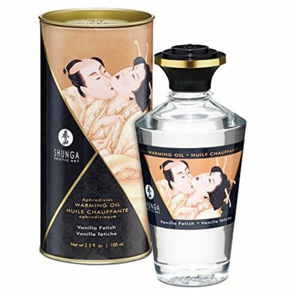 Shunga massageolie met vanille aroma. Fles en verpakking met afbeelding van een paar. Tekst: Warming Oil, Vanilla Fetish.