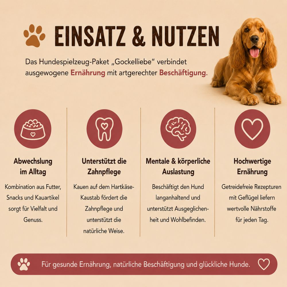 Übersicht der Vorteile des Hundespielzeug-Pakets "Gockelliebe".