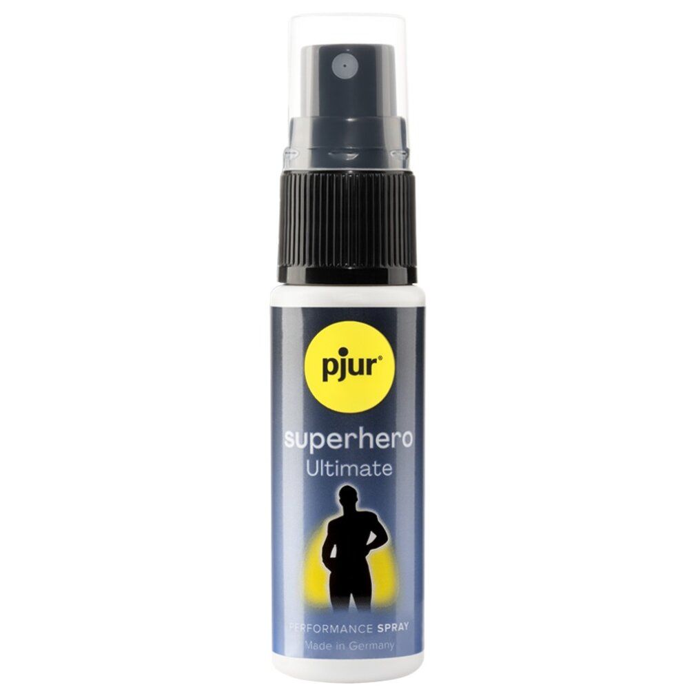 Produktflasche mit Sprühkopf. Aufschrift: pjur, superhero Ultimate, Performance Spray. Enthält Lidocain-frei und Benzocain-frei. Mit Pfefferminze & Paracress.
