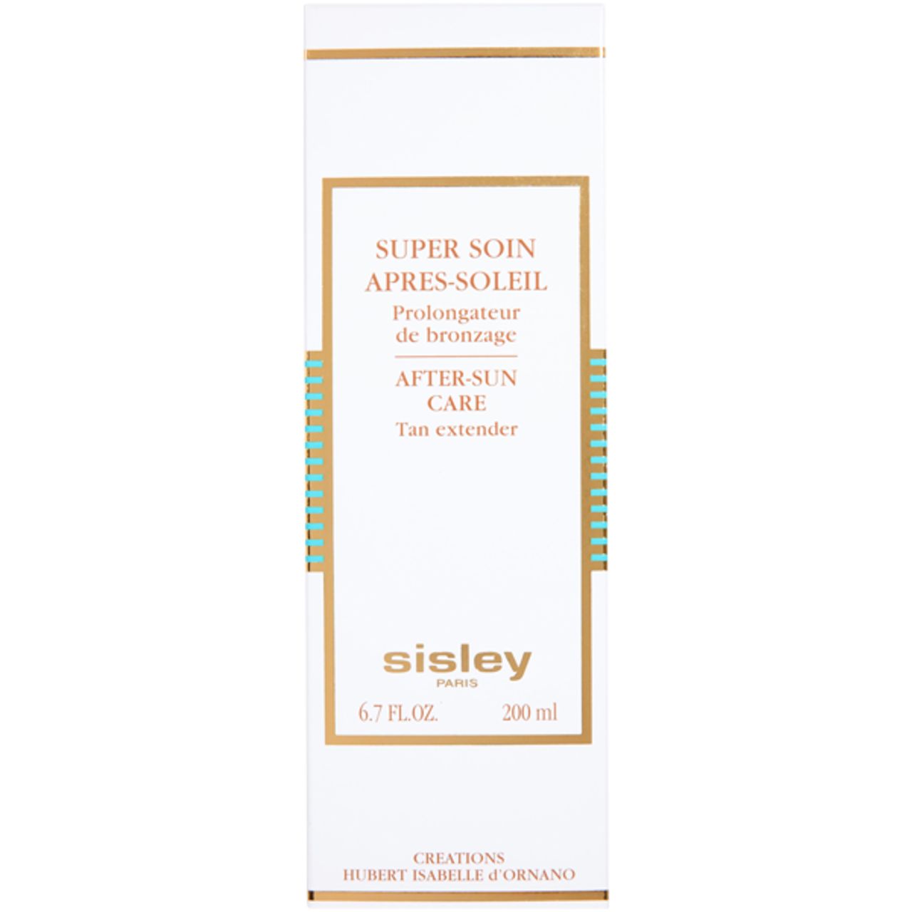Weiße Verpackung mit goldfarbenem Rahmen. Text: SUPER SOIN APRÈS-SOLEIL, AFTER-SUN CARE, Sisley Paris. 6.7 FL.OZ. 200 ml.