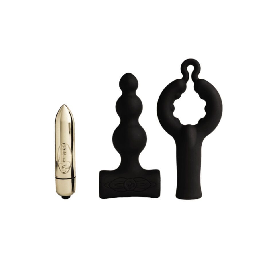Drei Intimprodukte: Vibrator, Analplug und Ring. Schwarz und Goldfarben.