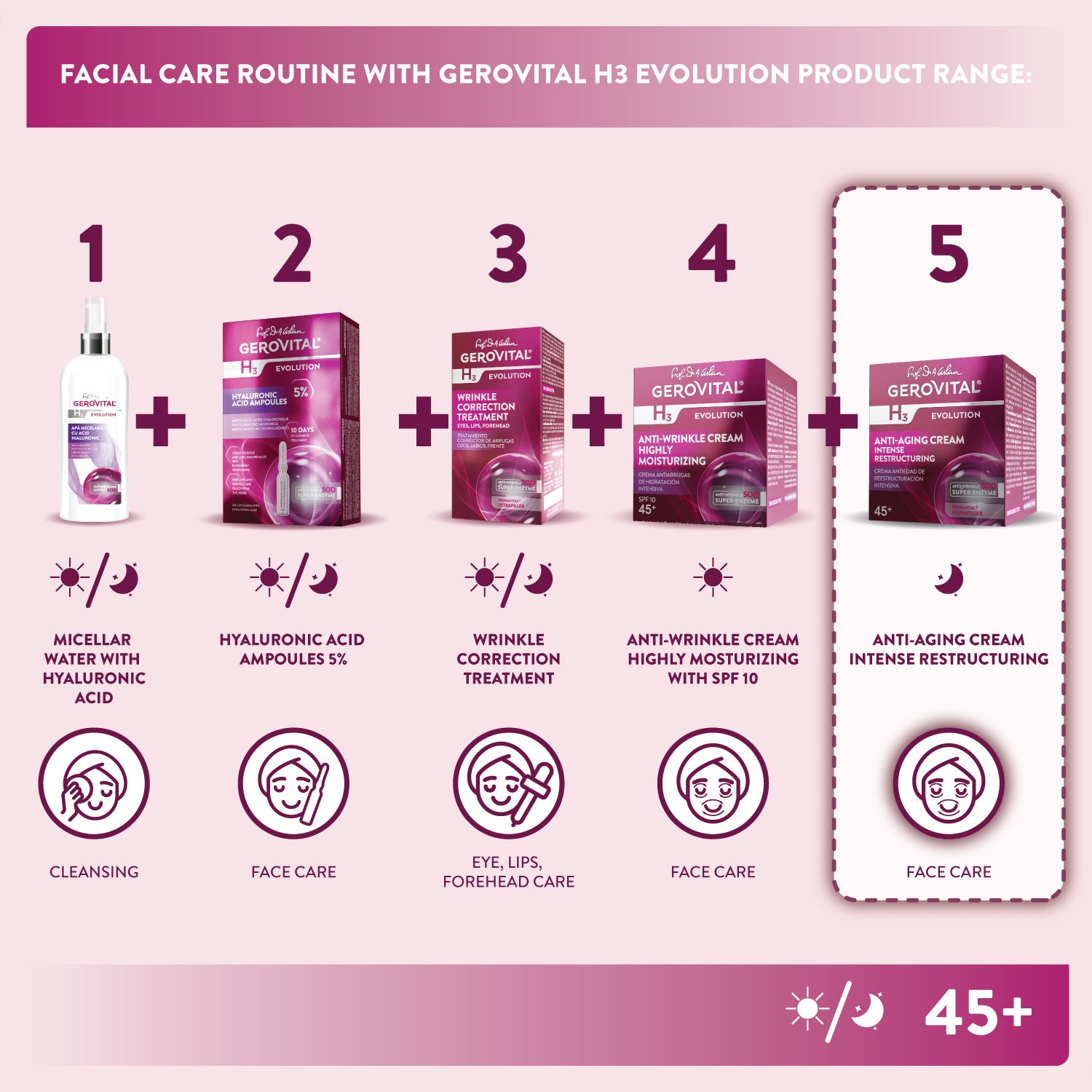 Grafische Darstellung der Gesichtspflege-Routine. Produkte: Micellar Water, Hyaluronsäure Ampullen, Anti-Falten-Behandlung, Creme.
