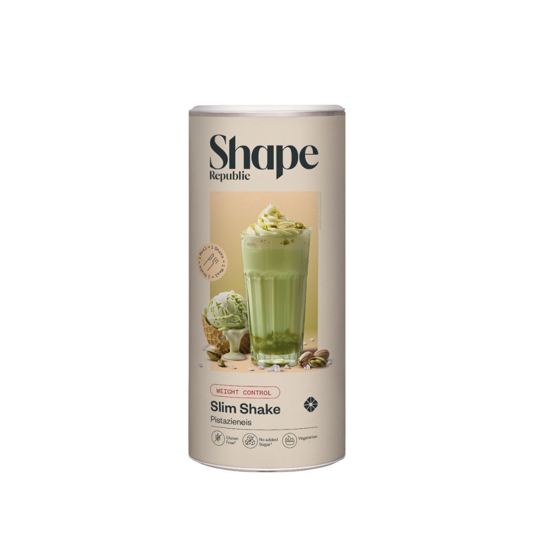Dose Shape Republic Slim Shake Pistazieneis. Produktabbildung. Logo, Text: Weight Control, Slim Shake Pistazieneis. Siegel.