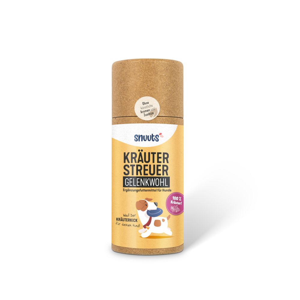 Zylindrische Dose mit Produktetikett. Aufschrift: snuuts Kräuterstreuer Gelenkwohl. Abbildung eines Hundes. 100% natürlich.
