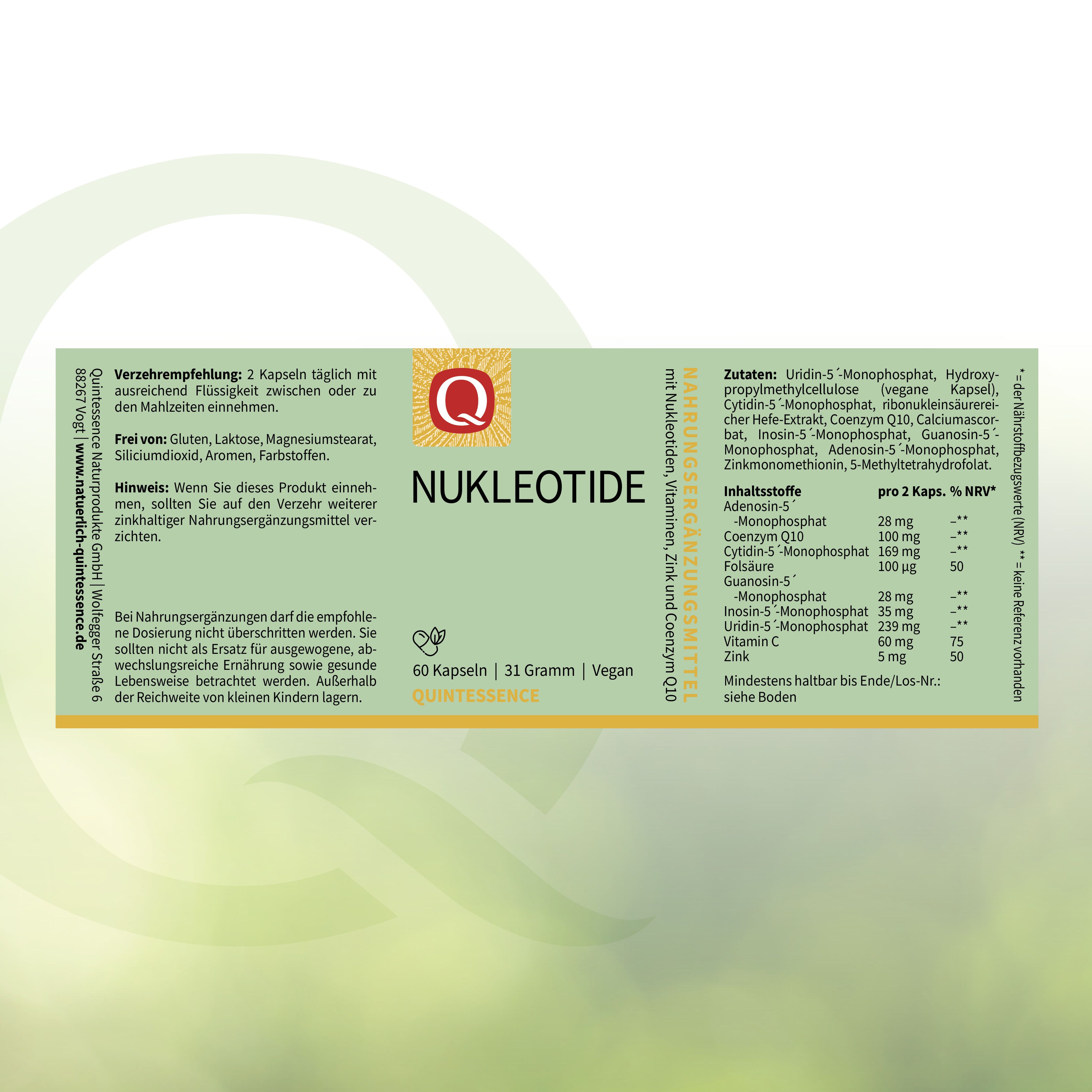 Produktverpackung mit Produktnamen, Logo und Inhaltsangaben. 60 Kapseln, 31 Gramm, Vegan. Zutatenliste und Nährwertangaben.