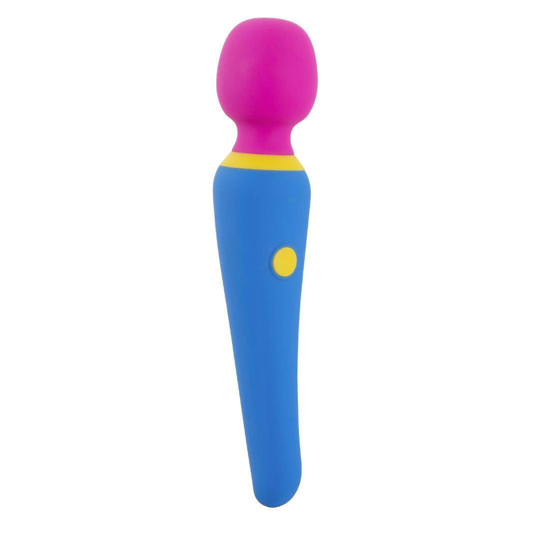 Blau-rosa Massagegerät mit gelbem Akzent und Knopf. Ergonomische Form.