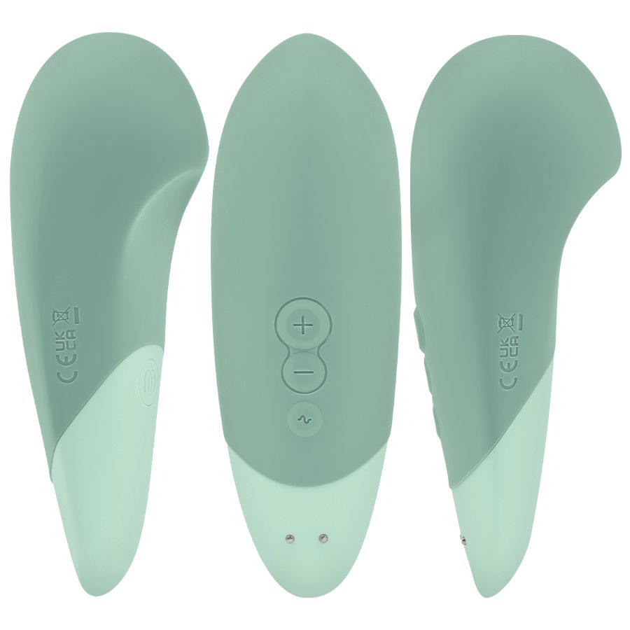 Drei Ansichten eines mintfarbenen Vibrators. Mit Bedienknöpfen und zwei Kontaktpunkten. Zweifarbiges Design.