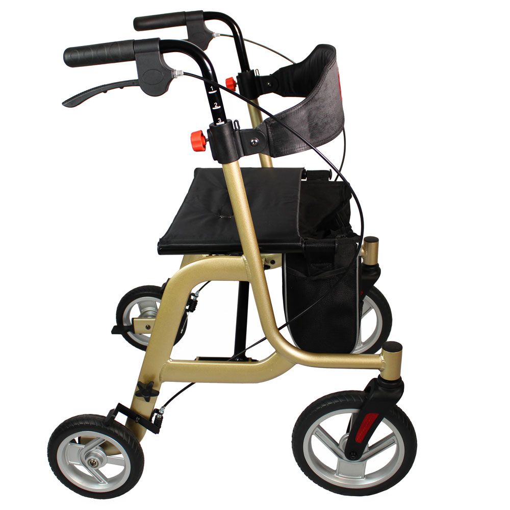 Rollator im Profil, goldfarben, mit schwarzem Sitz und Tasche. Vier Räder. Höhenverstellbare Griffe. Bremsen.