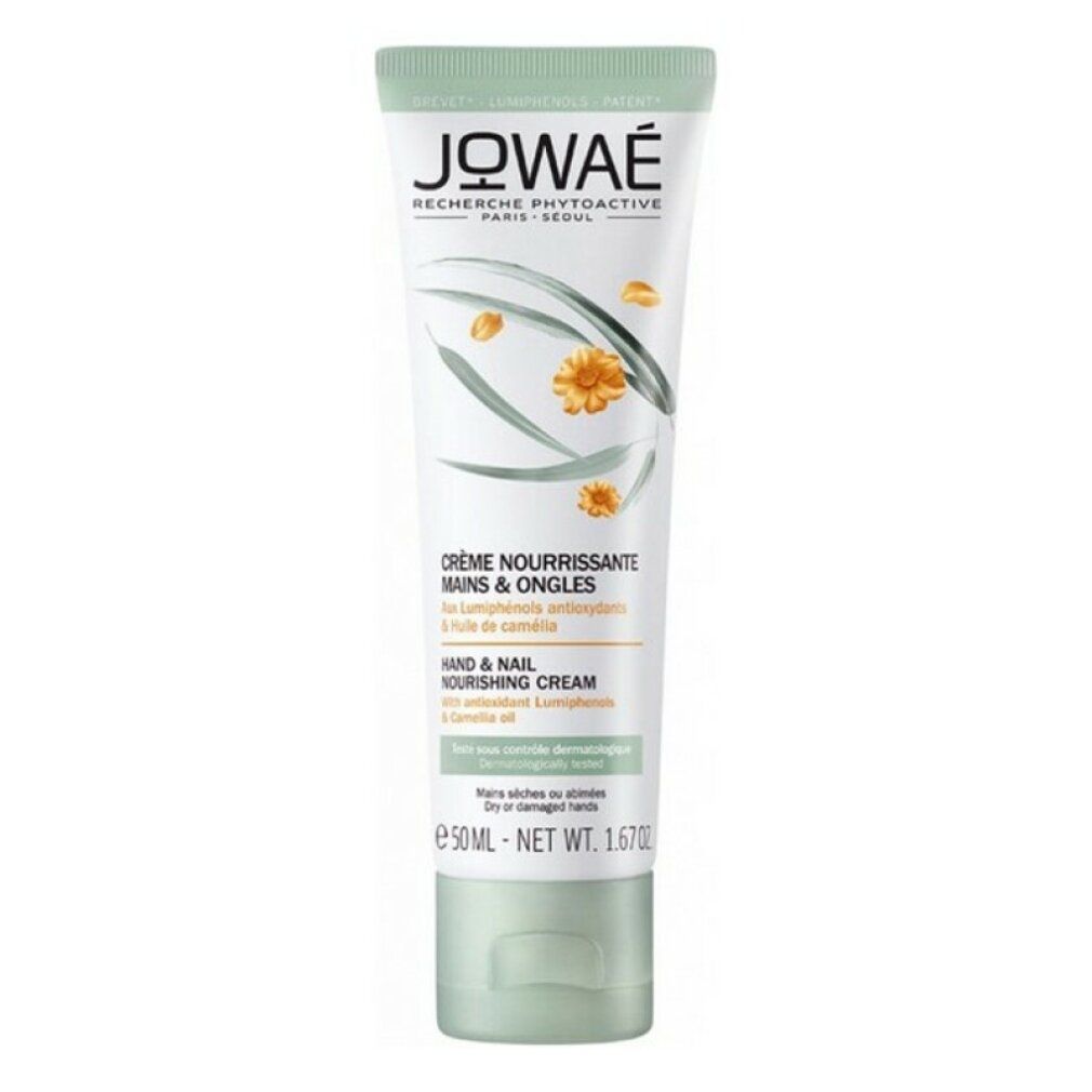 Creme-Tube mit grünem Deckel. Aufschrift: JOWAE, Crème Nourrissante Mains & Ongles. 50ml.