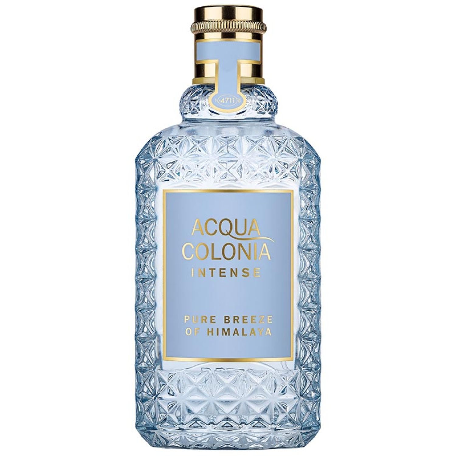 Hellblaues Parfumflakon mit goldfarbenen Akzenten. Aufschrift: Acqua Colonia Intense Pure Breeze of Himalaya. Geometrisches Muster.