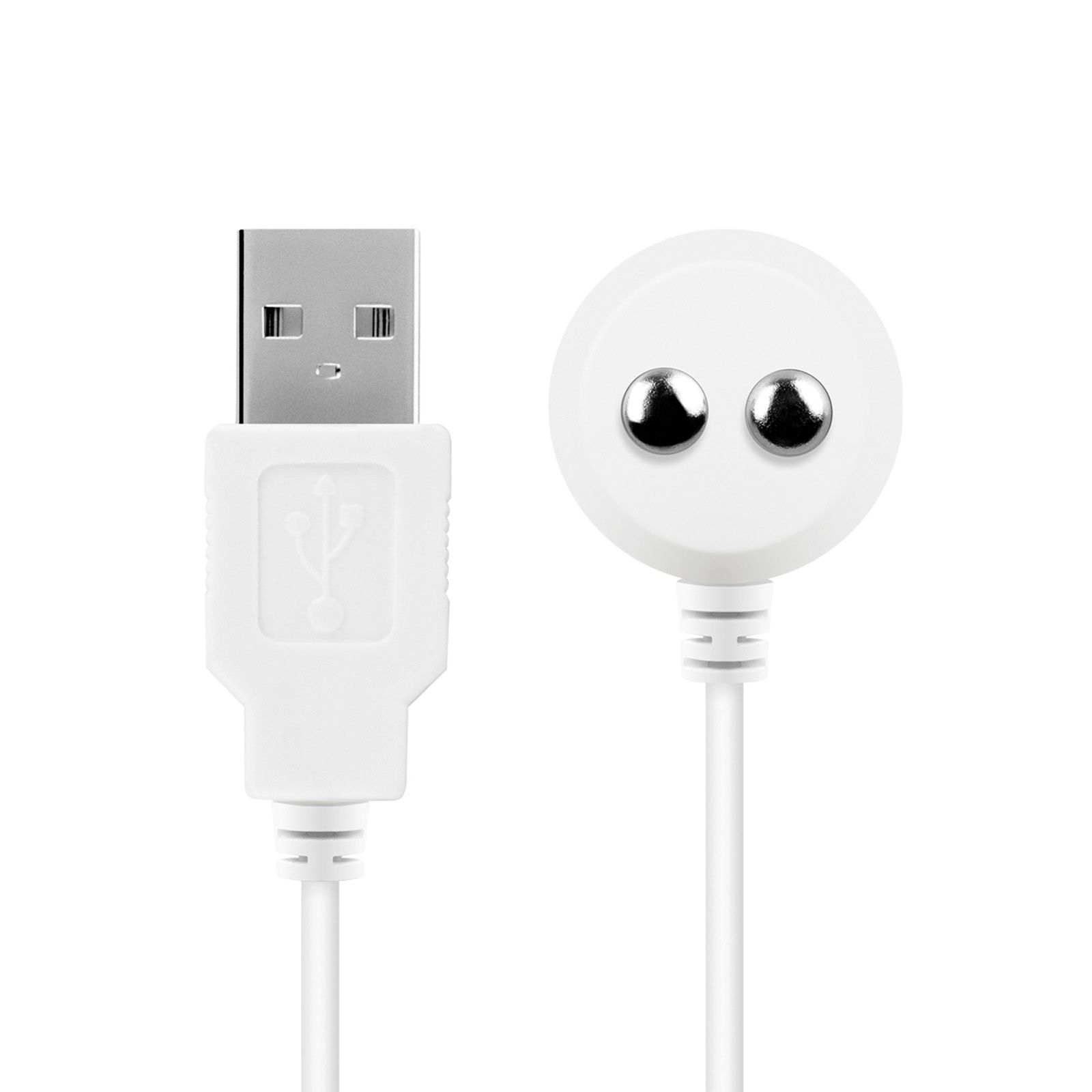Cavo di ricarica bianco con connettore USB e connettore di ricarica magnetico con due punti metallici.