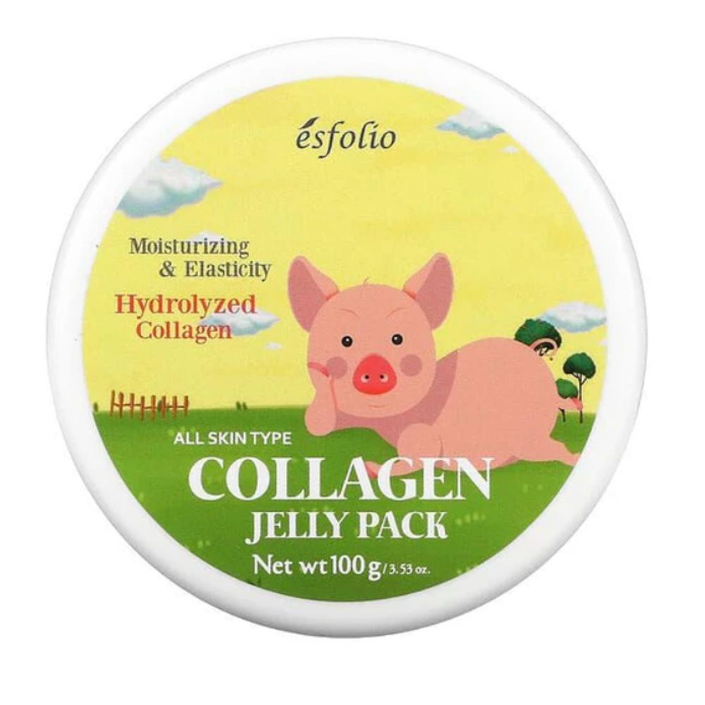 Runde Dose mit Deckel. Aufschrift: Collagen Jelly Pack. Abbildung eines Schweinchens. Text: Moisturizing & Elasticity, Hydrolyzed Collagen.