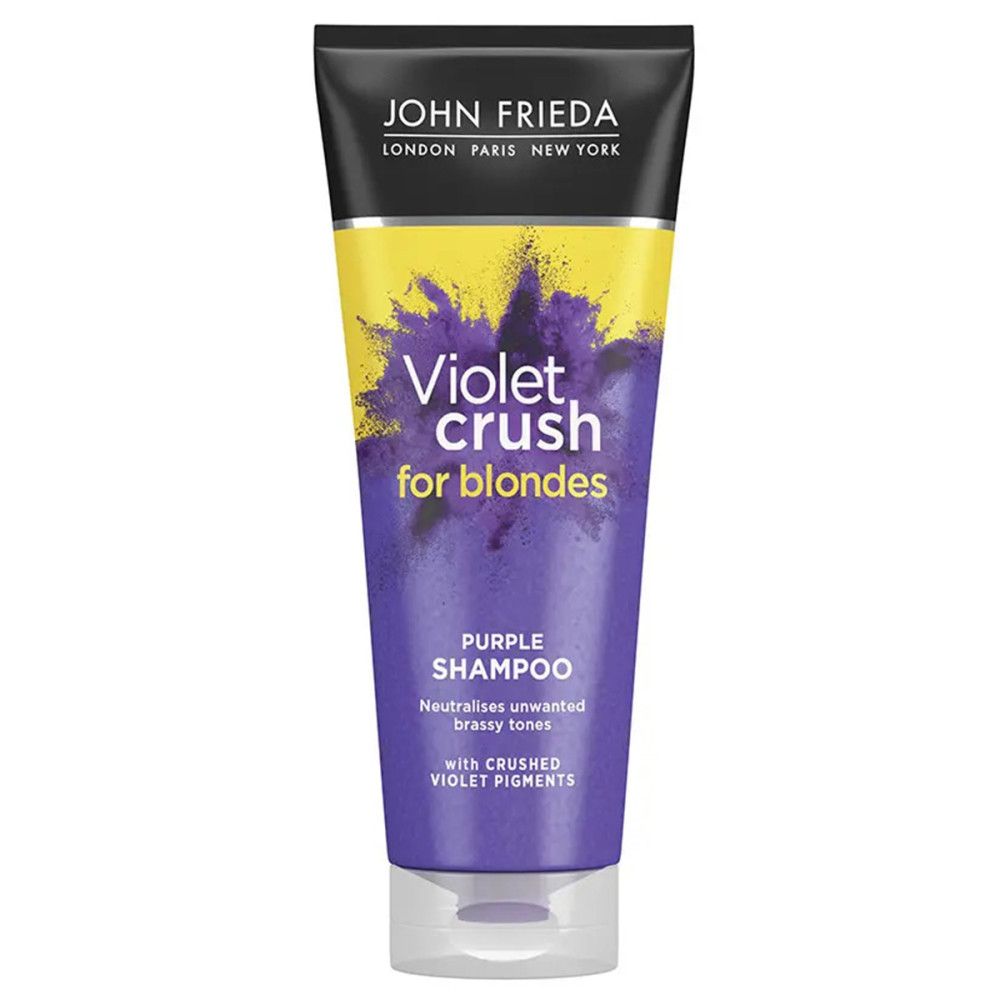 Violett-Shampoo-Tube. Schwarzer Deckel, gelber Hintergrund. Schriftzug: Violet Crush for blondes, Purple Shampoo.