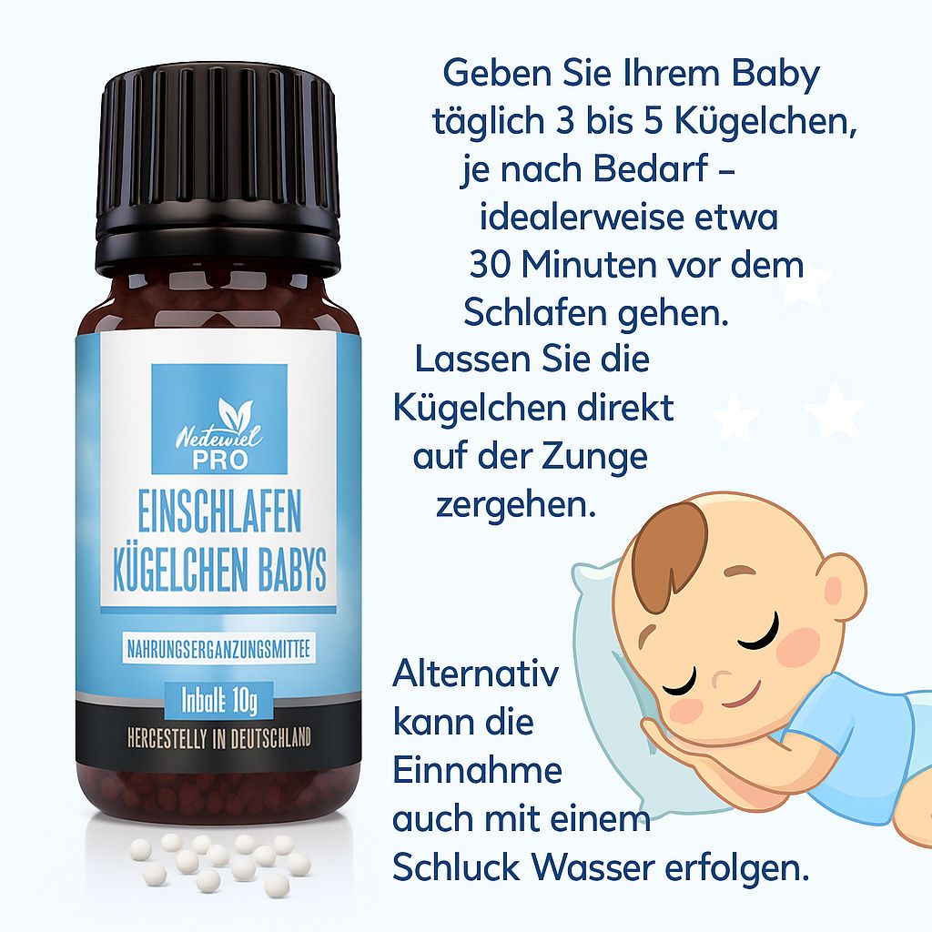 Braune Glasflasche mit schwarzem Deckel und blauem Etikett. Text: Natural Pro, Einschlafen Kügelchen Babys, 10g. Baby schläft.