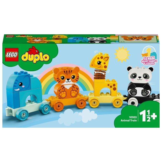 LEGO Duplo Il Treno degli Animali. La confezione mostra un treno colorato con un elefante, una tigre, una giraffa e un panda. Il set è adatto a bambini da 1,5 anni in su. Sulla confezione sono raffigurati anche un arcobaleno e un sole.