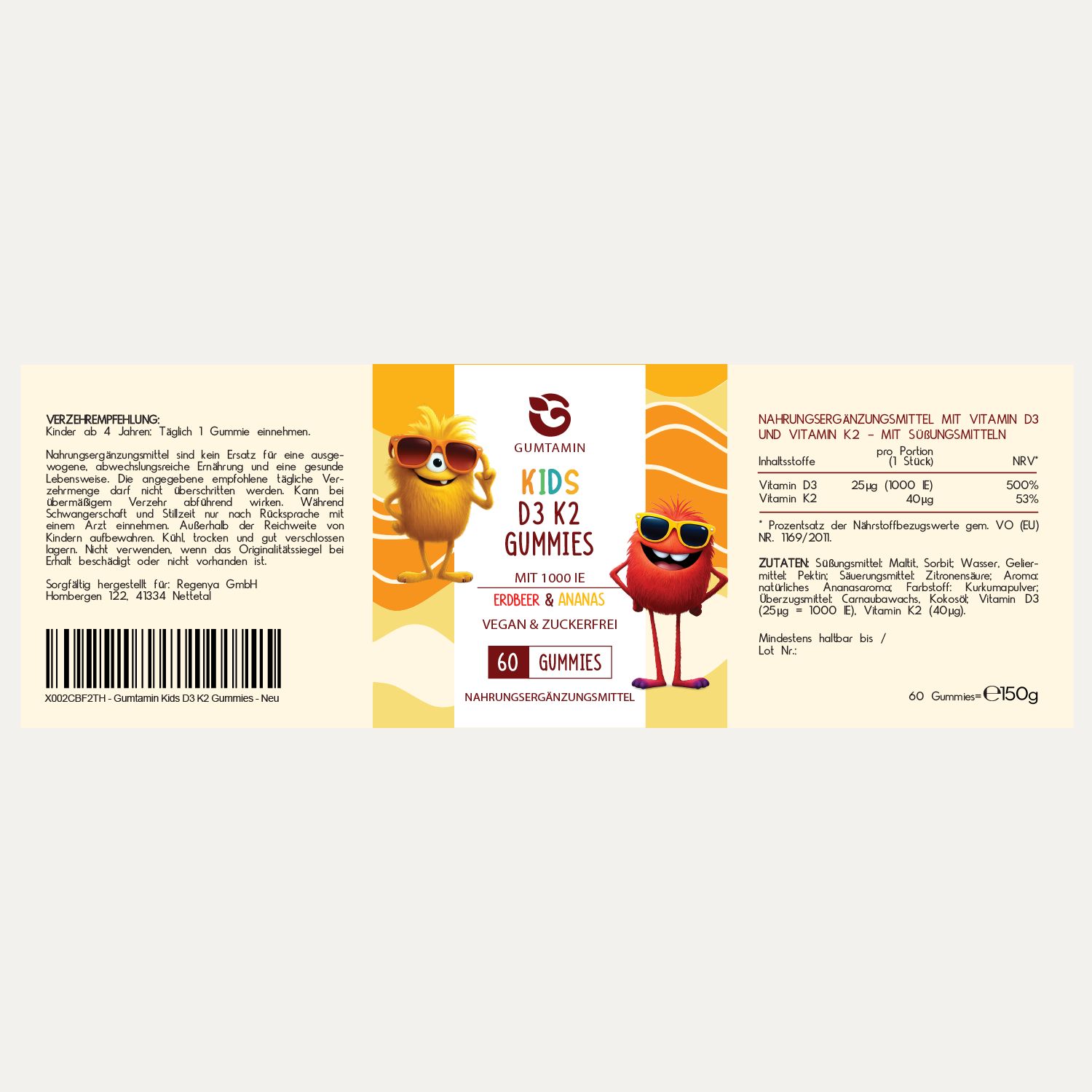 Verpackung mit Vitamin D3 K2 Gummies. Aufschrift: Gumtamin, Kids D3 K2 Gummies, Erdbeere & Ananas, 60 Gummies. Nährwertangaben und Inhaltsstoffe.