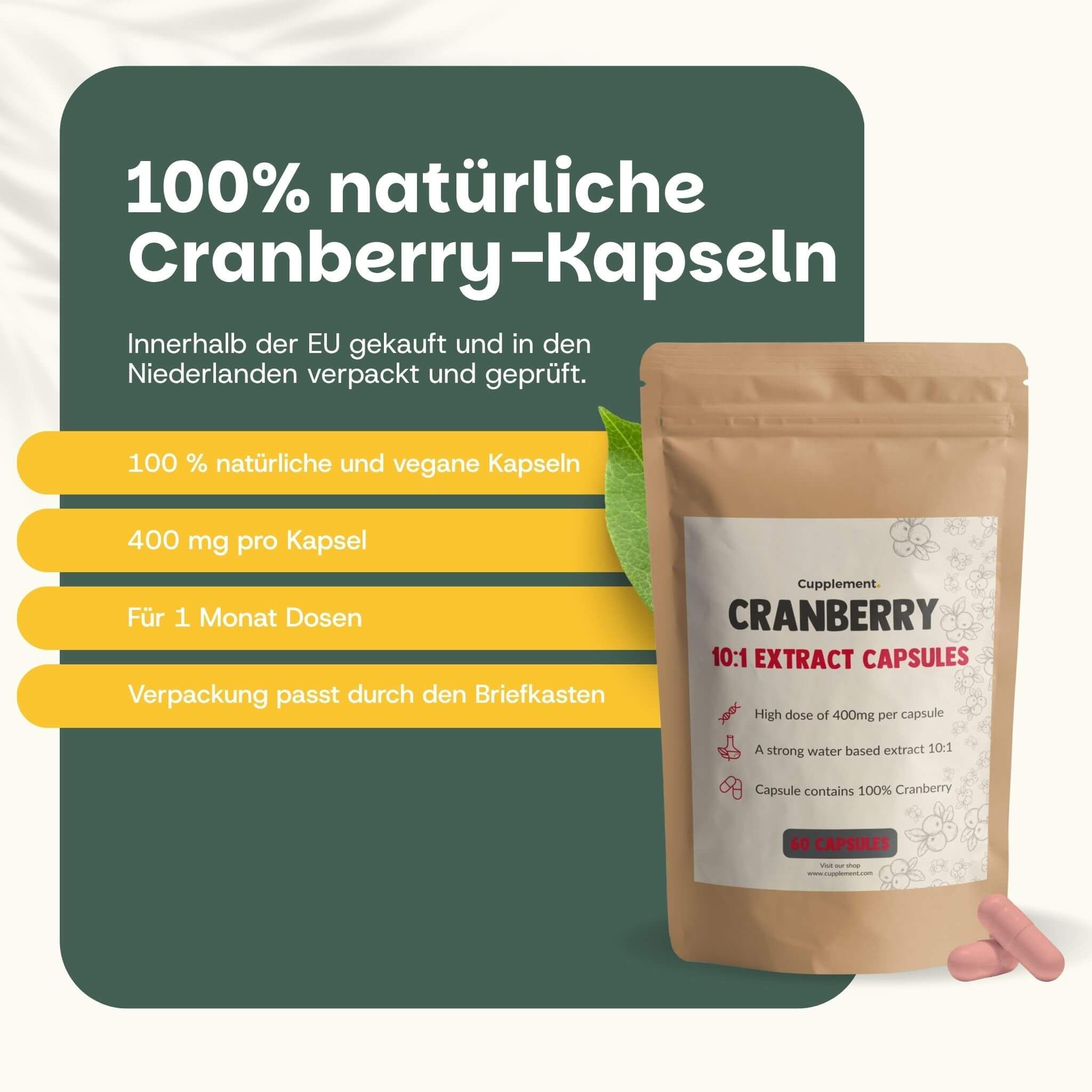 Beutel mit Cranberry-Kapseln. Text: Cranberry 10:1 Extract Capsules. 100% natürliche und vegane Kapseln.